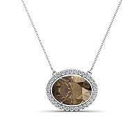 Oval Cut Smoky Quartz & Round Natural Diamond 2.85 ctw Women East West Halo Pendant Necklace 14K Gold