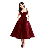 Women's Tea Length Satin Prom Dresses A Line Evening Party Gowns with Pockets