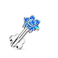 Dynamique Implant Grade Titanium Threadless Push In Flower Base Labret, Flat Back Studs With Opal Flower Top For Cartilage, Monroe (Sold Per Piece)