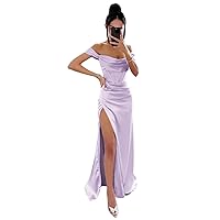 UZN Off Shoulder Satin Prom Dresses Long Cowl Neck with Slit Mermaid Formal Evening Party Gowns