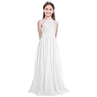 iiniim Kids Big Girl's Chiffon Halter-Neck Lace Junior Bridesmaid Wedding Flower Girl Dress Party Prom Long Maxi Gowns