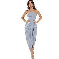 Dresses for Women - Solid Ruched Asymmetrical Hem Tube Dress