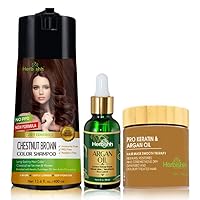 Herbishh C3 Combo(Color + Repair +Condition) with Hair Color Shampoo Chestnut Brown 400ml + Argan Oil 30ml and Hair Mask 150gm - Hair Dye Shampoo for Grey Hair | Gift Set for Parents, Men and Women |