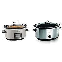 Crock-Pot 7 Quart Portable Programmable Slow Cooker with Timer and Locking Lid, Stainless Steel & Large 8 Quart Oval Manual Slow Cooker, Stainless Steel (SCV800-S)