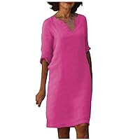 Women's Summer Clothes Retro Solid Color Cotton Linen V-Neck Half Sleeve Dress Light Breathable Dresses 2023