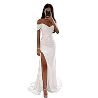 Xijun Mermaid Sequin Prom Dresses Long with Slit Women Off Shoulder V Neck Formal Evening Party Gown