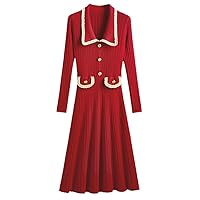 Winter Autumn Women Lapel Collar Slim Casual A Line Knitting Dress Lady Frence Chic Button Decor Stretchy Dresses
