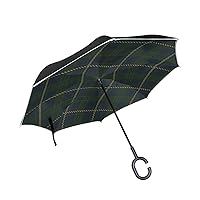 ALAZA Green Navy Blue Flannel Buffalo Plaid Windproof Inverted Open Close Reverse Rain Umbrella Inside Out Quality Waterproof Parasol Upside Down Stick Shelter with Hook c Handle
