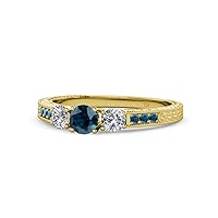 Blue and White Diamond 3 Stone Ring with Side Blue Diamond 0.85 ct tw in 14K Yellow Gold