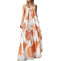 Women Sexy Sleeveless Straps Long Sundress Bohemian Printed Ruffled Maxi Dress