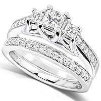 Kobelli Three-Stone Diamond Engagement Ring and Wedding Band Set 4/5 carat (ctw) in 14k White Gold