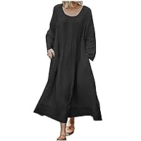 Women's Summer Maxi Dress Solid Color Plus Size Loose Cotton Linen Long Dresses with Pockets Beach Flowy Dress
