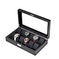 watch box Black Organizer with Lock for Men, 12 Slot Luxury Carbon Fiber Design Watch Display Case, Premium Jewelry Storage Cases with Glass Lid and Removable Pillow
