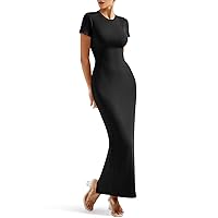 SUUKSESS Women Fitted Bodycon Maxi Dress Y2K Crew Neck Short Sleeve Long Dress