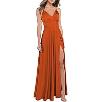Women's Bridesmaid Dresses Long V Neck Prom Dress with Slit Pleats Satin Formal Evening Gowns with Pockets COO20