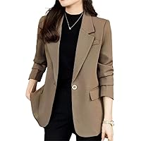 Women's Suit Jacket, Spring, Summer, Long Sleeve, Outerwear, Office, Casual, Job Hunting, Large Size, Stylish, Loose, Tailored Top, Lightweight, Solid, Simple, Work, Slimming, Elegant, Formal (M, Coffee Color)