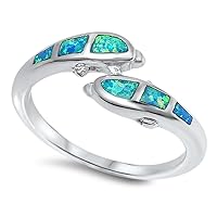 Dolphin Pair Blue Simulated Opal Unique Ring New .925 Sterling Silver Band Sizes 5-10