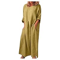 Women's Cotton Linen Baggy Maxi Dresses Summer 3/4 Rolled Sleeve Kaftan Long Dress with Pockets Floor Length 2023