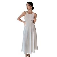 Dresses for Women - Solid Fold Pleated Dress Women's Casual Spaghetti Strap Sleeveless Long Cami Dress