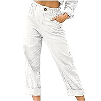 Spring Pants for Women 2023 Casual Straight Leg Elastic Waist Cropped Lounge Pant Trousers with Pockets
