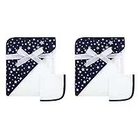Hudson Baby Unisex Baby Cotton Hooded Towel and Washcloth, Navy Silver Star, One Size (Pack of 2)