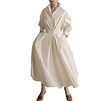 Cotton Linen Shirt Dress for Womens Pleated Button Long Dress Long Sleeve A-line Loose Swing Dress with Pockets