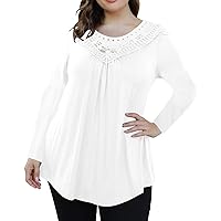 Women's Plus Size Fall Tops Long Sleeve Shirts Lace Round Neck Pleated Tunic Tops Loose Comfy Dressy Casual Blouses