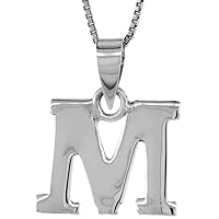 1/2 Inch Small Sterling Silver Block Initial M Necklace Alphabet Letters High Polished, 16-30 inch 0.8mm Box_Chain