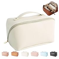 MINGRI Large Capacity Travel Cosmetic Bag for Women,Makeup Bag Travelling PU Leather Cosmetic Bag Waterproof,Multifunctional Storage Travel Toiletry Bag Skincare Bag (White)