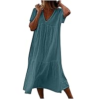Women Ruffle Hem Casual Loose Tiered T-Shirt Dress Short Sleeve V Neck Pleated Summer Trendy Solid Tunic Swing Dress