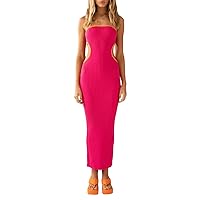 Women Rib Knit Tube Dresses Strapless Slim Fit Casual Hollow Out Striped Midi Dress Ribbed Knit Bodycon Dress Outwear (A Rose Red, M)