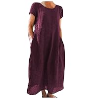 Summer Dresses for Women 2024 Casual with Sleeves,Ladies Summer Comfortable Loose Solid Color Short Sleeve Cott