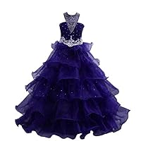 VeraQueen Girl's Halter Beads Layers Pageant Dresses Sleeveless Backless Flower Girls' Dresses Blue Purple