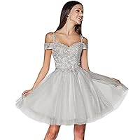 Women's Short Quinceanera Sparkly Lace Applique Fashion Homecoming Dresses Cold Shoulder Tulle Prom Party Gowns