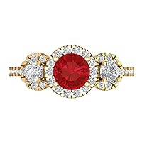 1.75ct Round Cut Halo Solitaire 3 stone Genuine Simulated Ruby Engagement Promise Anniversary Bridal Ring 18K Yellow Gold