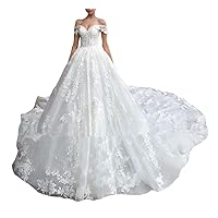 Plus Size Off Shoulder Lace up Corset Bridal Ball Gowns Church Train Wedding Dresses for Bride Long