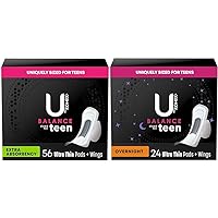 Balance Sized for Teens Ultra Thin Pads with Wings, Extra Absorbency, 56 Count & U by Kotex Balance Sized for Teens Ultra Thin Overnight Pads with Wings, 24 Count