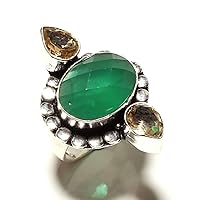 Girls Jewellery! Dyed Emerald and Citrine Quartz Handmade Sterling Silver Plated Ring Size 6.5 US