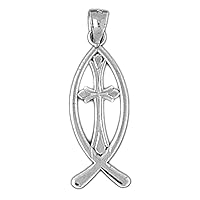 14K White Gold Christian Fish With Cross Pendant