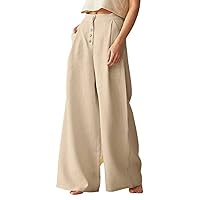 COWOKA Women's Loose High Waist Button Up Cotton Linen Palazzo Wide Leg Summer Casual Pants