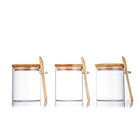 Set of 3 Glass Food Storage Containers with Airtight Bamboo Lids and Bamboo Spoons, 15oz Clear Borosilicate Glass Containers Kitchen Organization Jars for Candy, Cookie, Nuts, Tea, Spice
