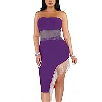 Womens Sexy 2 Pieces Wrapped Chest Solid Color Crop Top Irregular Tassel Dress Set Nightclub Dress Set