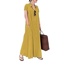 Women's Cotton Linen Shirt Dress Casual Short Sleeve Collared Buttons Plus Size Flowy Daily Maxi Dress with Pockets