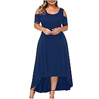 Plus Size Dresses for Women 2024 Sexy O Neck Strapless Draw Back Short Sleeve Sundress Cold Shoulder Lace Splicing Dresses