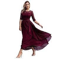 TLULY Dress for Women Lace Yoke Ruffle Trim Chiffon Formal Dress (Color : Maroon, Size : X-Large)