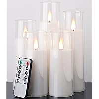 Amagic Pure White Flameless Candles, Battery Operated Candles, Flickering LED Pillar Candles with Remote Control and Timer, 3D Wick, Yellow and Blue Glow, Set of 5
