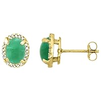 10k Yellow Gold Diamond Natural Cabochon Emerald Halo Stud Earrings Oval 7x5 mm