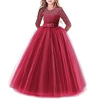 Girl's 3/4 Sleeve Long Pageant Ball Gowns A Line Lace Formal Dance Evening Gown Burgundy