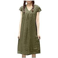 Womens Cap Sleeve Cotton Linen A-Line Dress Summer V Neck Casual Loose Fit Solid Color Cute Midi Shirts Dresses