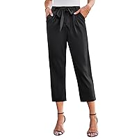 JASAMBAC Women's Summer Casual Cropped Pants Business Loose High Waist Comfy Satin Trousers with Pockets